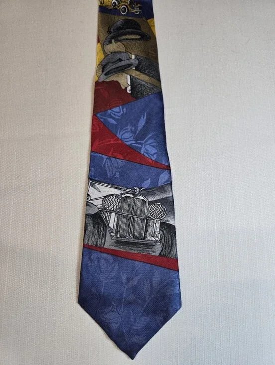 Century Silk Co City-one Handmade Blue & Red Men's Tie with Vintage Car Motif