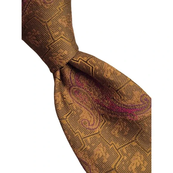 Paul Stuart Mens Gold Bronze Pink Paisley Geometric Italian Silk Necktie Tie
