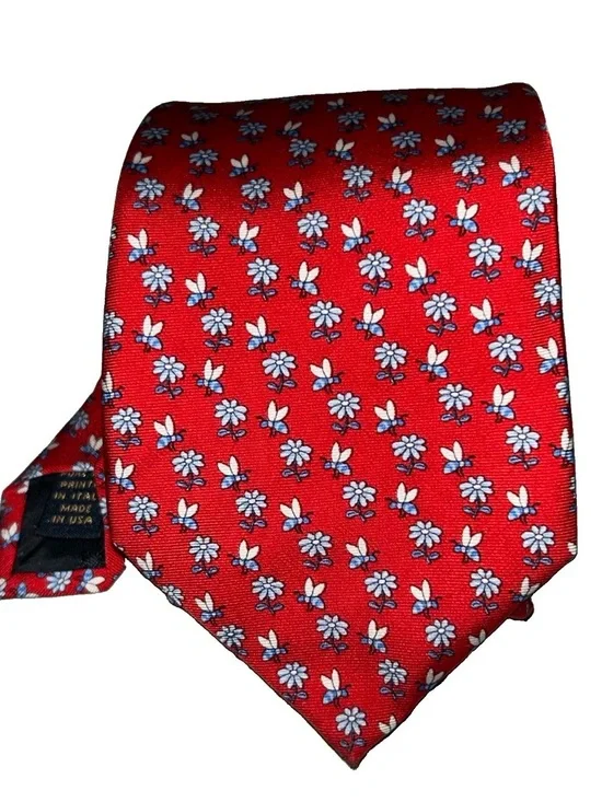 Brooks Brothers Makers Bee & Flowers Red Silk Tie Printed in Italy Made In USA