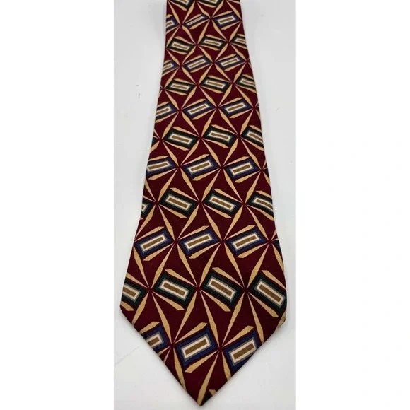 Vintage Bill Blass Black Label 100% Silk Geometric Necktie Burgundy & Blue