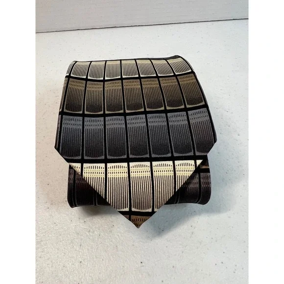 Valerio Garati Mens Silk Tie Grey Brown Cream Geometric Grid Handmade 60 Inch