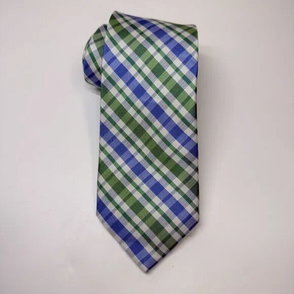 IZOD Green Blue And White Plaid 100% Silk Neck Tie