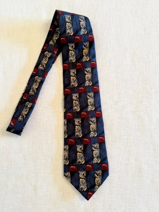 Vintage New Haven Silk Tie Navy Paisley Floral Striped Burgundy Made USA