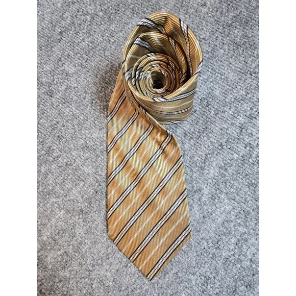 Hugo Boss Made in Italy Silk Tie Gold Black Striped Designer Necktie (Small Spot