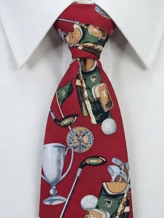 Men's Red Golf Tie 100% Silk Novelty Sports Theme Clubs Trophies Balls 4