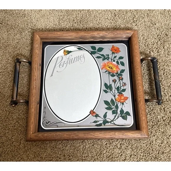 Vintage Hensley Company Perfumes Roses Mirror Tray with Handles Wood‎ Frame