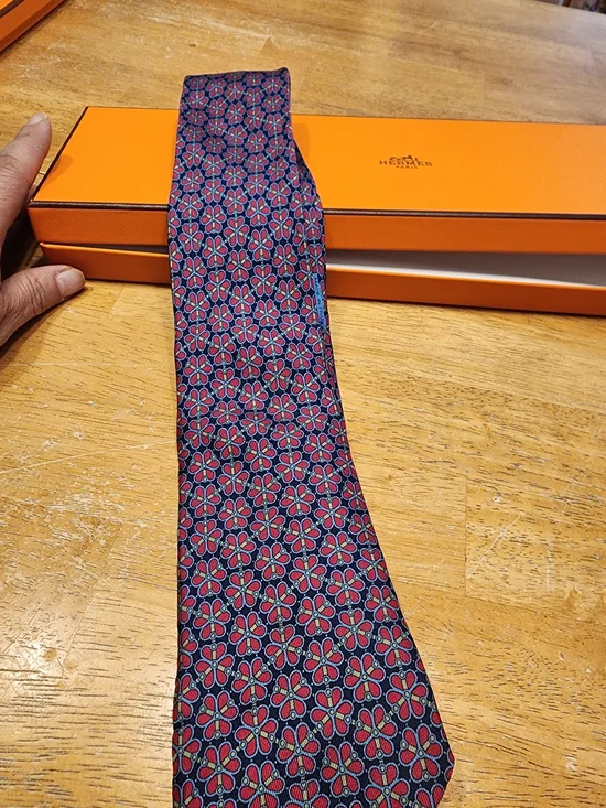 Hermes Navy & Red Floral Silk Tie