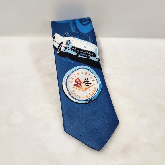 Ralph Marlin 1993 Vintage 53 Blue Chevy Corvette Car Polyster Tie
