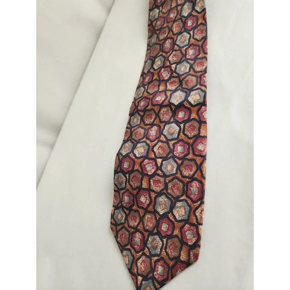 Hathaway Mens Silk Necktie Burgundy Copper Grey Geometric Hexagon Made in USA