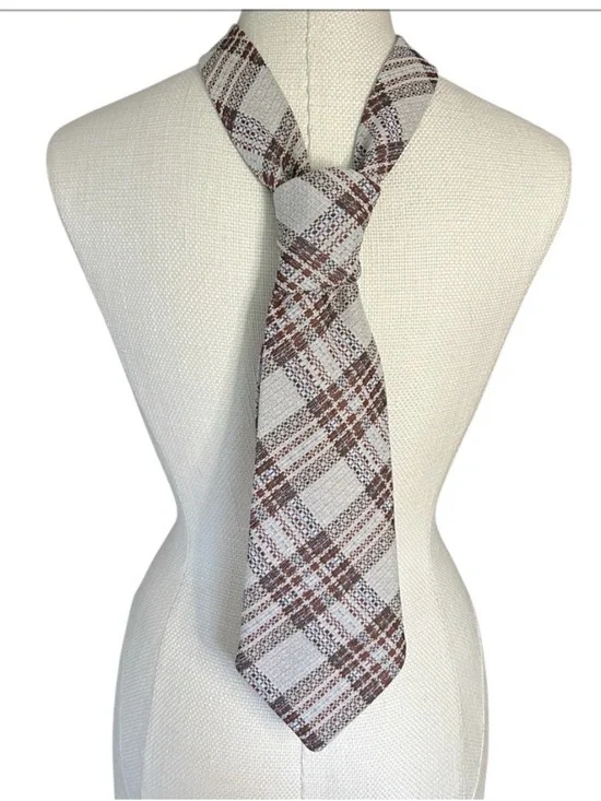 Vintage 70s Plaid Necktie Wide Brown Cream Blue Woven Grandpa Core Office Siren