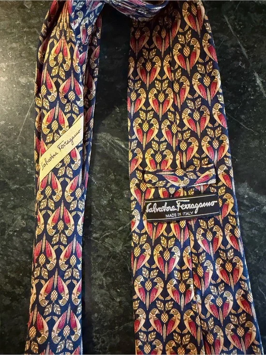 Salvatore Ferragamo Navy Blue Red and Gold Bird Motif Silk Tie