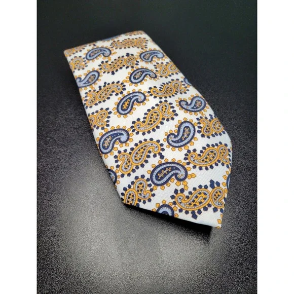 Christian Dior Men's Necktie White Blue Yellow Paisley Silk 3.75