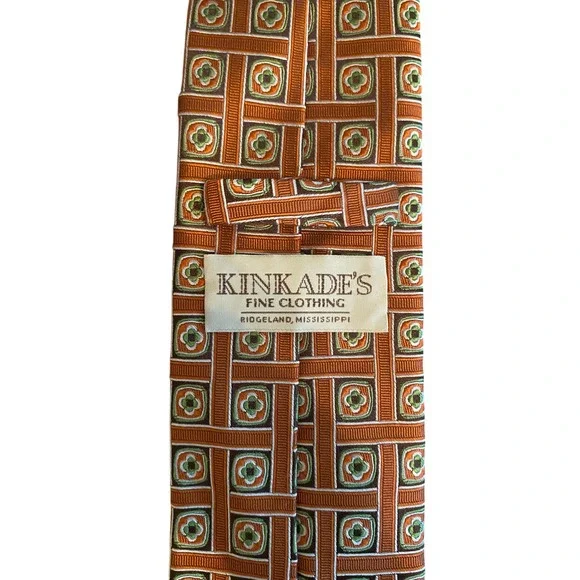 Kinkade's Fine‎ Clothing Mens Silk Tie Orange Green Geometric Farm Bureau Ins.