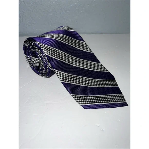 Ralph Lauren Handmade Silk Tie Black Silver Purple Stripe Men's Necktie 57