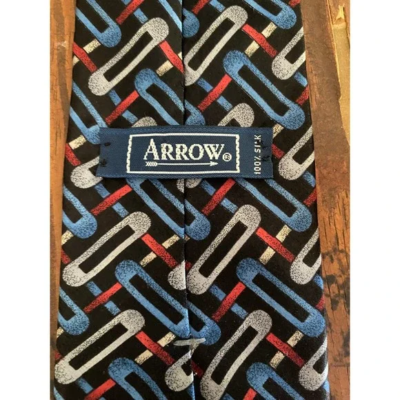 Arrow‎ Mens Tie 100% Italian Silk Geometric Chain Link Blue Red Silver Black USA