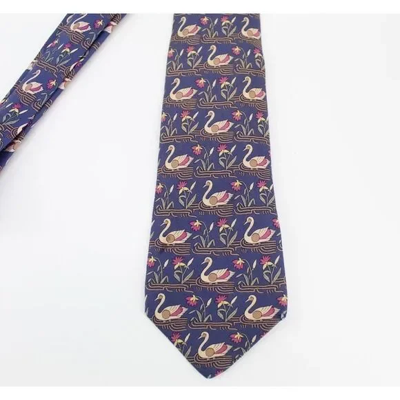 Hermès Swan Tie Mens Blue 100% Silk Made In France Novelty Animal Print