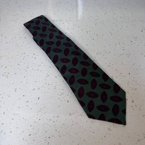 Y2K Coach Mens Silk Tie Green Burgundy Geometric Medallion Handmade in Italy