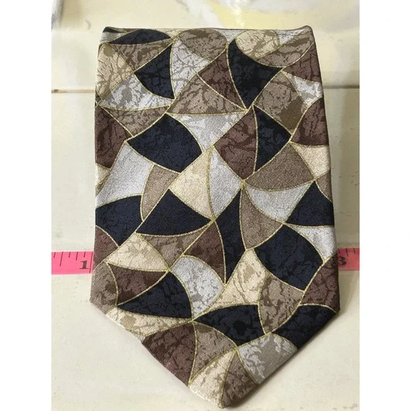 Vintage Mens Silk Tie Geometric Mosaic Abstract Brown Black Silver Gold 4 Inch