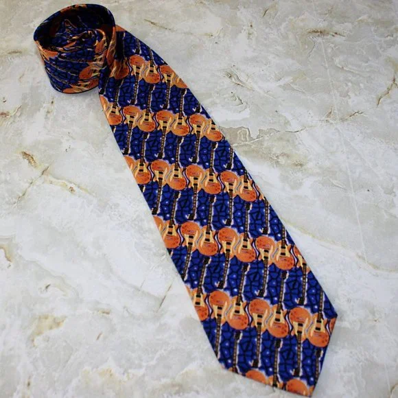 RALPH MARLIN Les Paul Guitar Neck Tie Musical Stripe Blue Silk Necktie