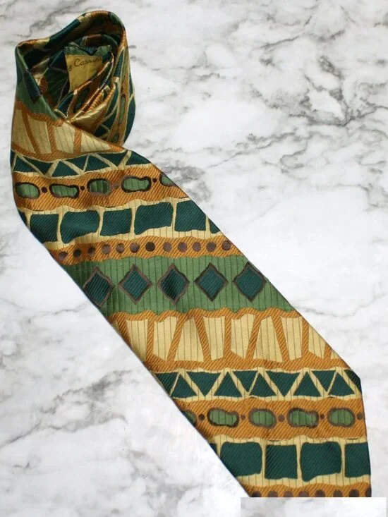 VINTAGE OLEG CASSINI Necktie Abstract Green Yellow Stripe Neck Tie Accessory