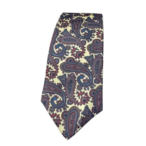 Lands End Tie Mens Silk Paisley Necktie Yellow‎ Blue Red Made in USA Classic