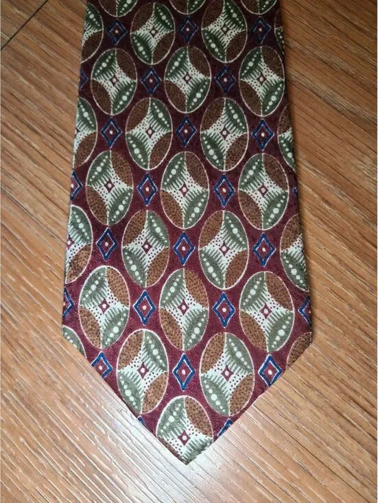 VINTAGE Burberry Silk Tie Red Multicolor Geometric Handmade