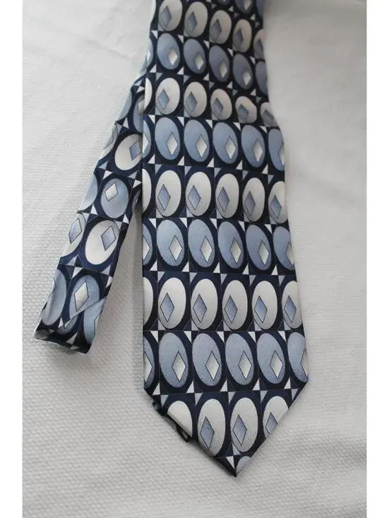 Roffé Geometric in Blues Silk Necktie, 3 7/8 X 57 Inches