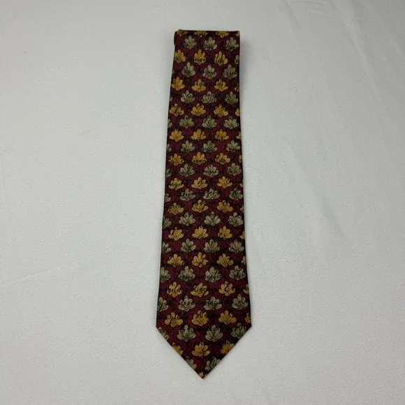 Ermenegildo Zegna Tie Mens OS Burgundy Gold Floral Leaf Silk Italian Designer