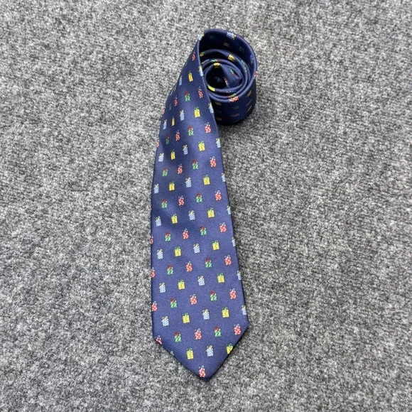 Lands End Tie Mens Long Navy Blue Christmas Gift Box Holiday Silk Preppy Festive
