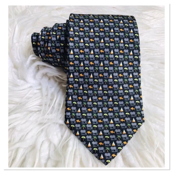 Salvatore Ferragamo 100% Silk Tie Fish Palm Tree Print Black Multicolour