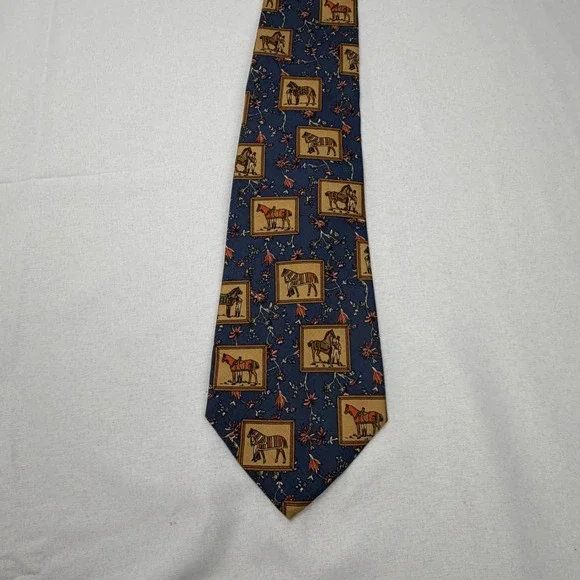 Salvatore Ferragamo Tie Mens OS Blue Silk Equestrian Horse Framed Print Italy