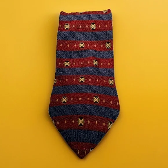 Vintage 1990's Nautica 100% Silk Tie Burgundy Blue Gold Striped Geometric 4in