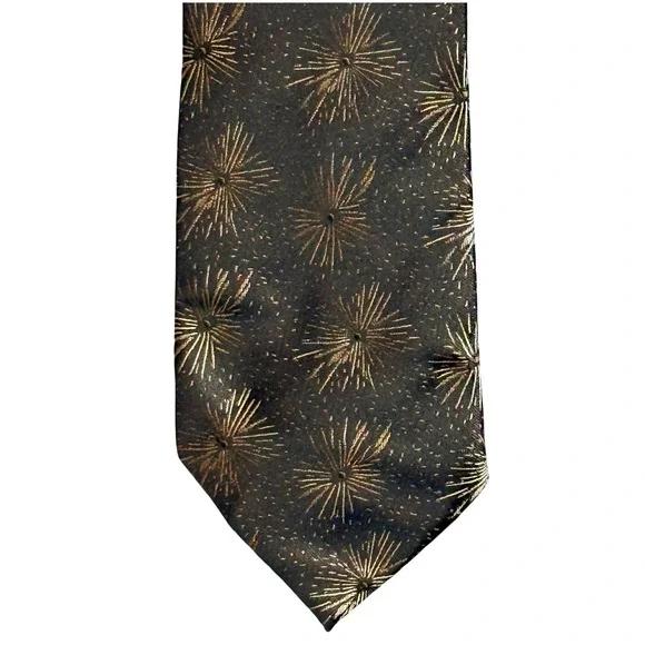 Vintage Starburst Firework Silk Tie Mens Dark Olive Green Gold Hand Made 57