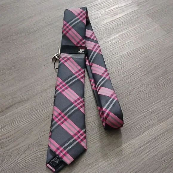 JF J.Ferrar Pink and Black Plaid  Narrow Tie NWT