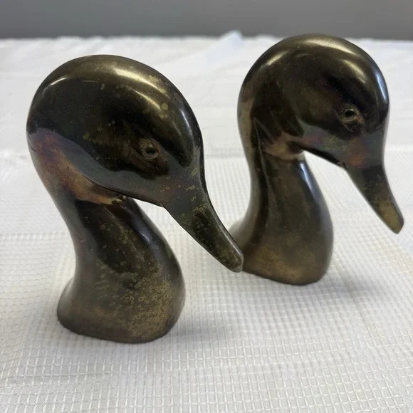 Vintage Patina Pair Heavy Brass Duck Heads Paperweight‎ Bookends MCM Outdoor