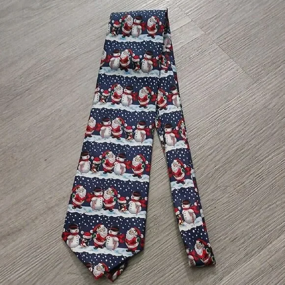 Festive Snowman Santa Penguin print holiday Christmas Tie NWOT