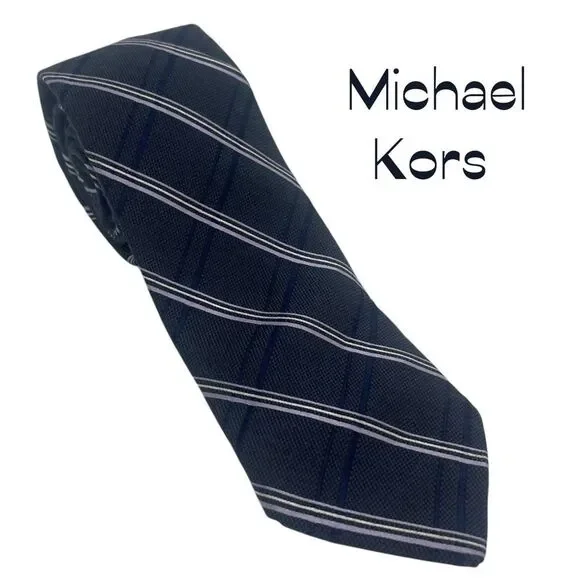 Michael Kors Navy Silver Striped Silk Blend Necktie NWOT Office Career