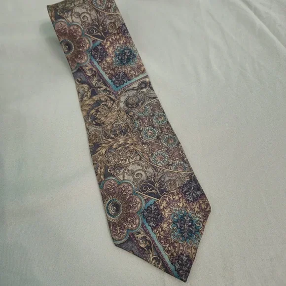 Woodward Mens Silk Tie Purple Teal Gold Baroque Floral Medallion Pattern Classic