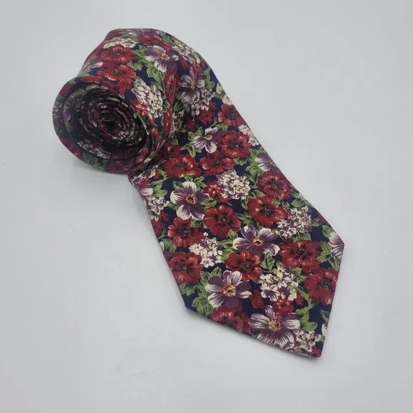 Brooks Brothers Men Floral Cotton Necktie Burgundy Navy Blue Made in USA Classic