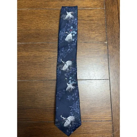 Brioni The Crane Print 100% Silk Navy Neck Tie hand made in Italy