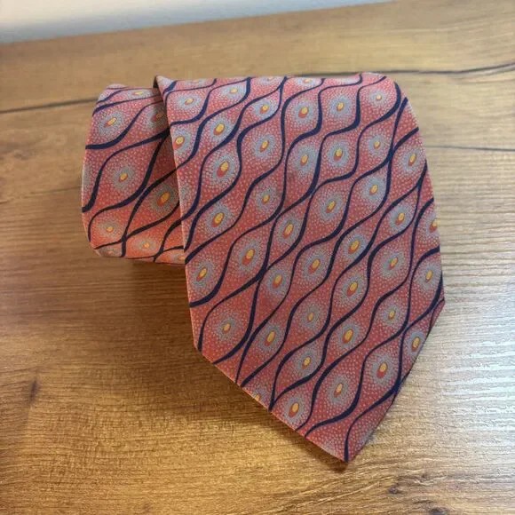 VTG Hugo Boss x Franco's Men's Necktie Coral Red Wave Geometric 100% Silk Italy