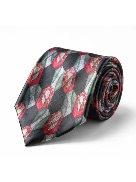 Arrow 100% Silk Tie Geometric Abstract Burgundy Red Black Green Vintage USA
