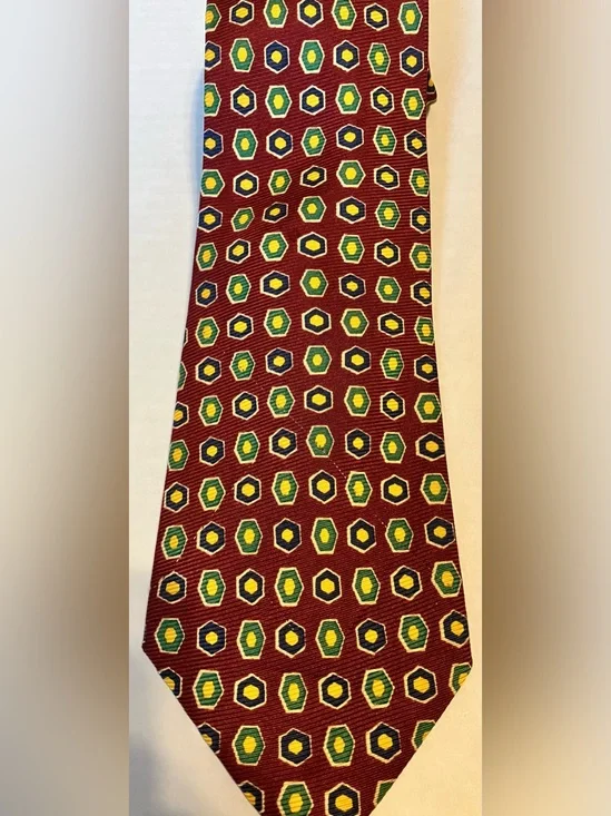 Ralph Lauren Burgundy Silk handmade Tie with Green and Yellow Hex Medallions