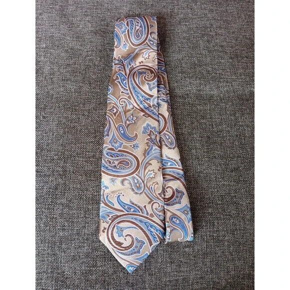 Tie 70s 80s 90s Y2K Mens Silk Beige Brown Blue Paisley 3.75 Wide 62 Long