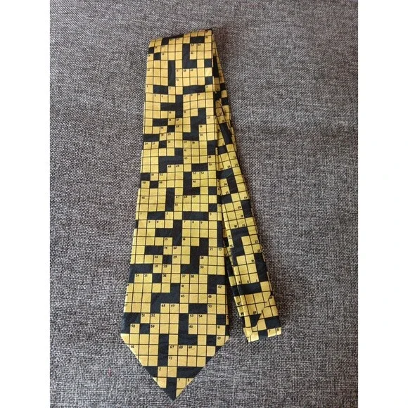 Tie 70s 80s 90s Y2K Mens Vauda Mazzeo Yellow Black Crossword 4 Wide 58 Long