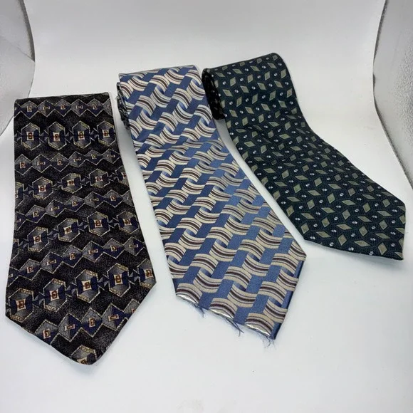 Geoffrey Beene Men Silk Tie Lot of 3 Geometric Abstract Blue Black Teal Neckties