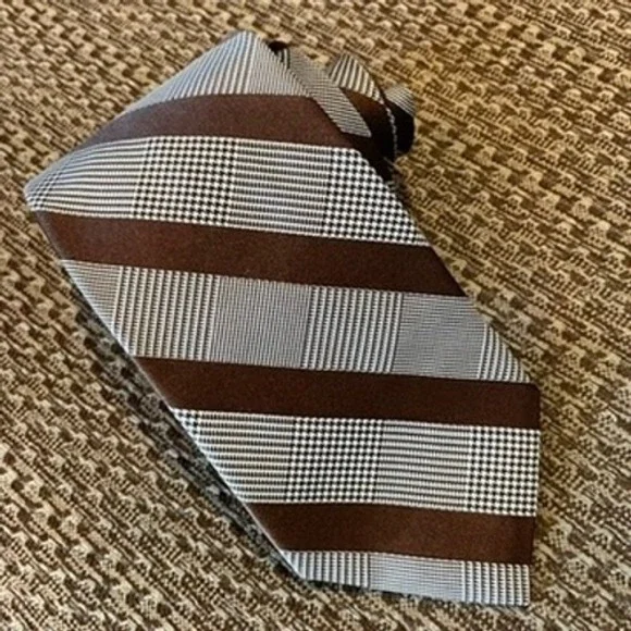 Brooks Brothers Necktie Brown White Repp Preppy Heritage Plaid Striped Silk Tie