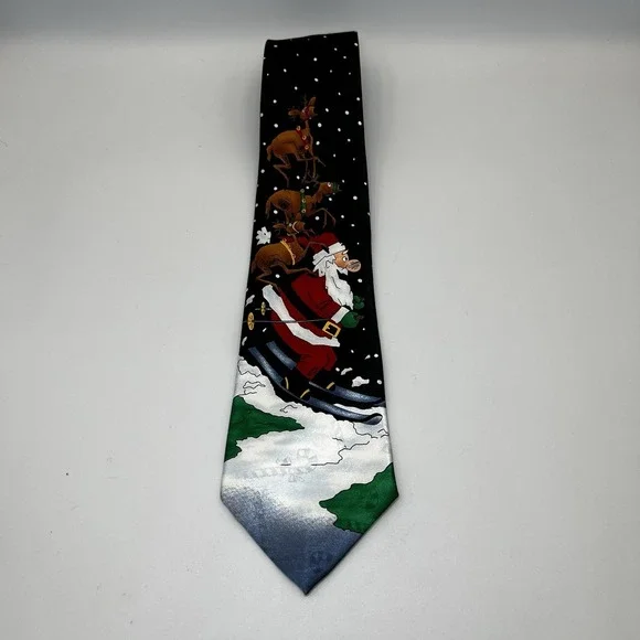 Vintage Hallmark Novel Ties by MMG Christmas Reindeer Santa Skiing‎ Necktie