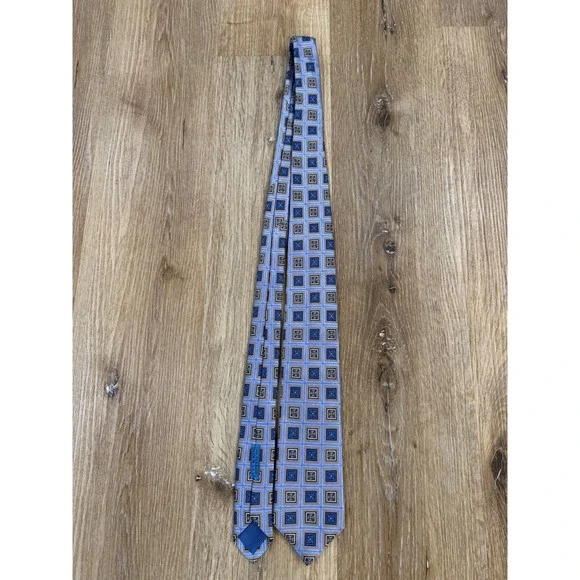 JZ Boulder Silk Tie Mens Blue Gold Geometric Medallion‎ Hand Made USA