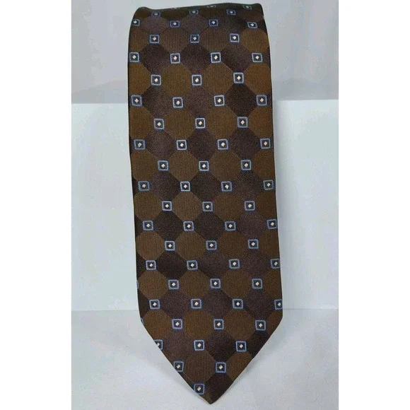 Tommy Hilfiger Necktie‎ Brown Blue Geometric Dot 100% Silk Tie 3.5